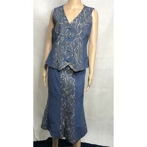 Vintage J Song Denim Vest and Skirt Size S Embroidered Gold Rodeo Country Chic